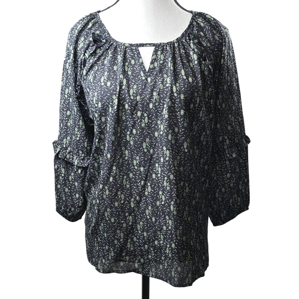 Beacon Apparel Black Green Floral Blouse Sz M 3/4 Sleeves Keyhole Flowy Fairy